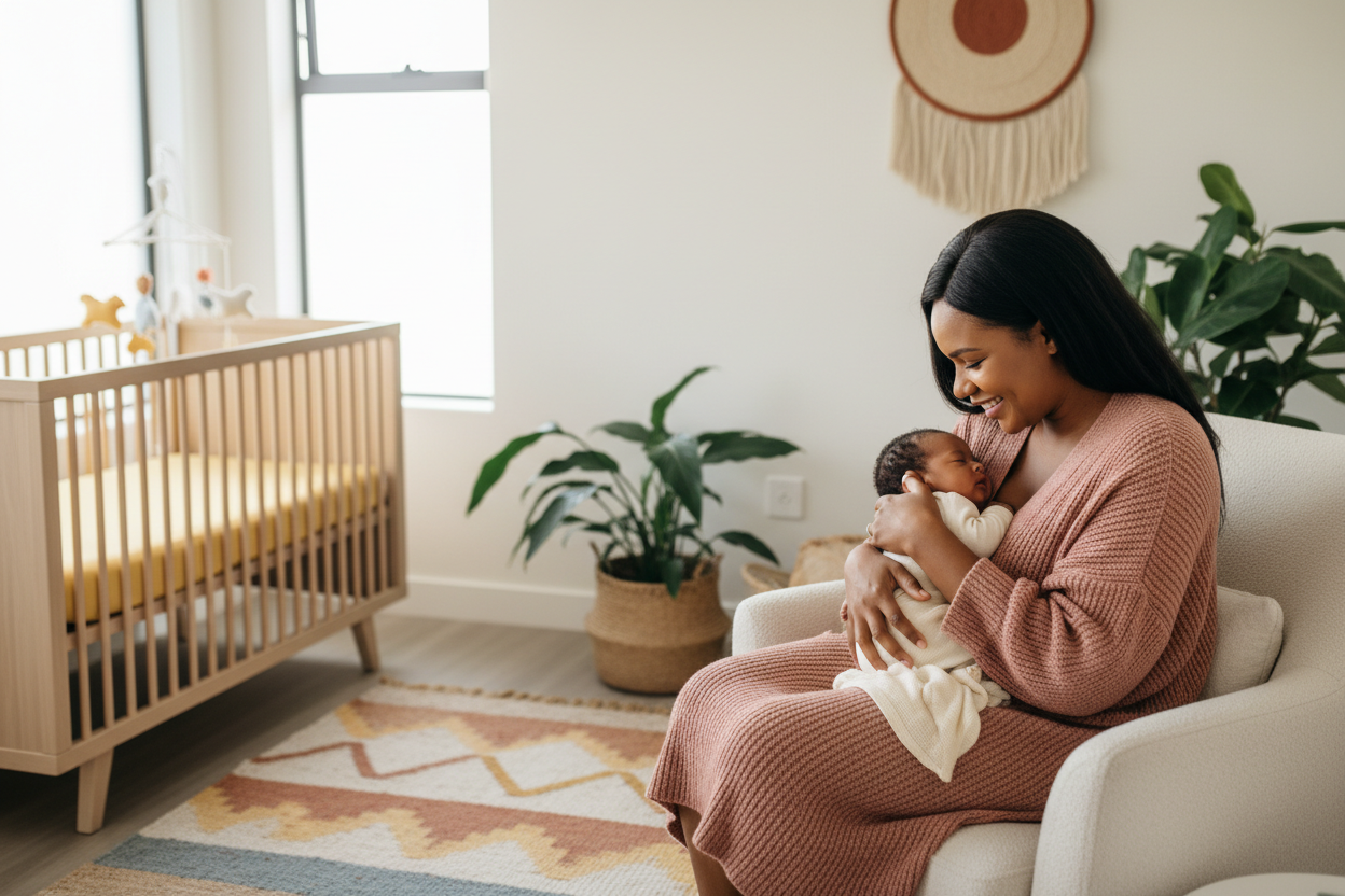 Mom and newborn in cozy nursery