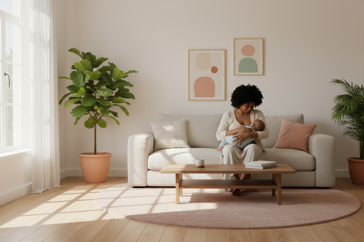 Mom breastfeeding in bright living room